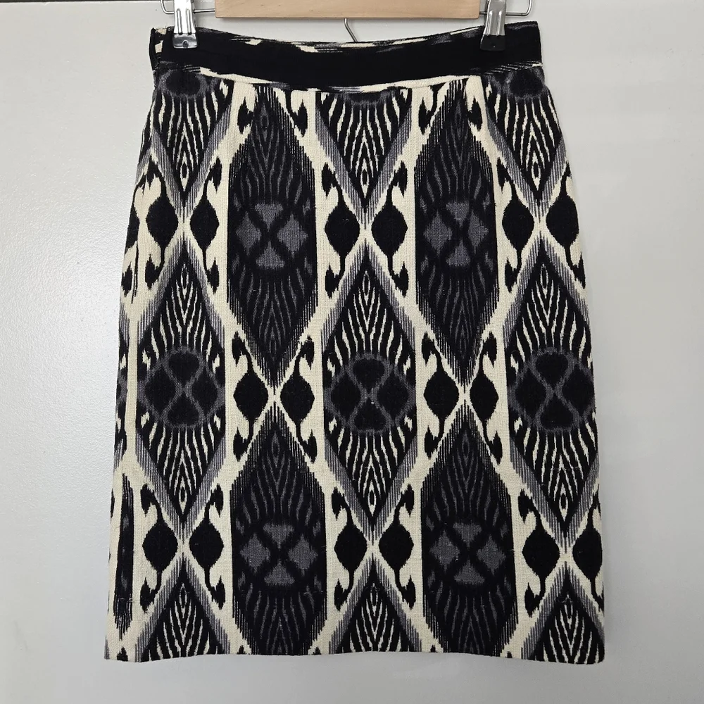 Tory Burch Black And Cream Ikat Print Cotton Pencil Skirt Size 2